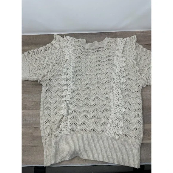 Anthropologie Kachel Shimmer Crochet Short Sleeve Sweater Size Small Offwhite - Picture 11 of 11